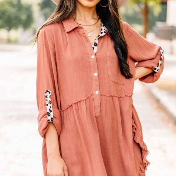 Umgee Tops - Umgee Linen Blend Animal Print Button Front Tunic Dress Pocket Canyon Clay Small